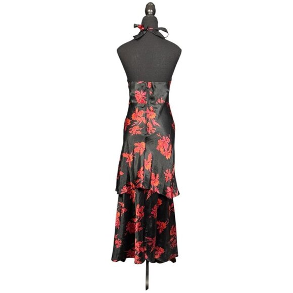 Vintage Y2K Floral Halter Cocktail Dress, Satin Asymmetrical Tiered Hem - Picture 3 of 10